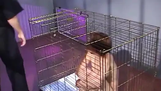 Submissive slut blowing police officers dick while in cage