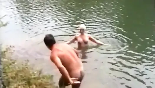 Trio in nature for a beautiful blonde.