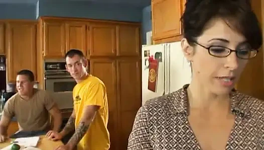 Lusty brunette milf in glasses seduced man next door on her kitchen