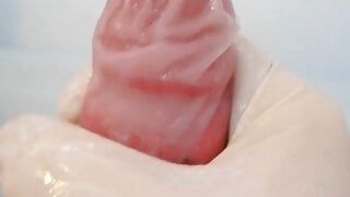 Watch me cum in a Condom with lubed LATEX GLOVES