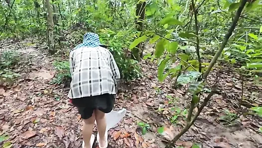 Thai girls walking and talking and picking mushrooms in the forest, secretly showing in the deep forest Clear Thai voice
