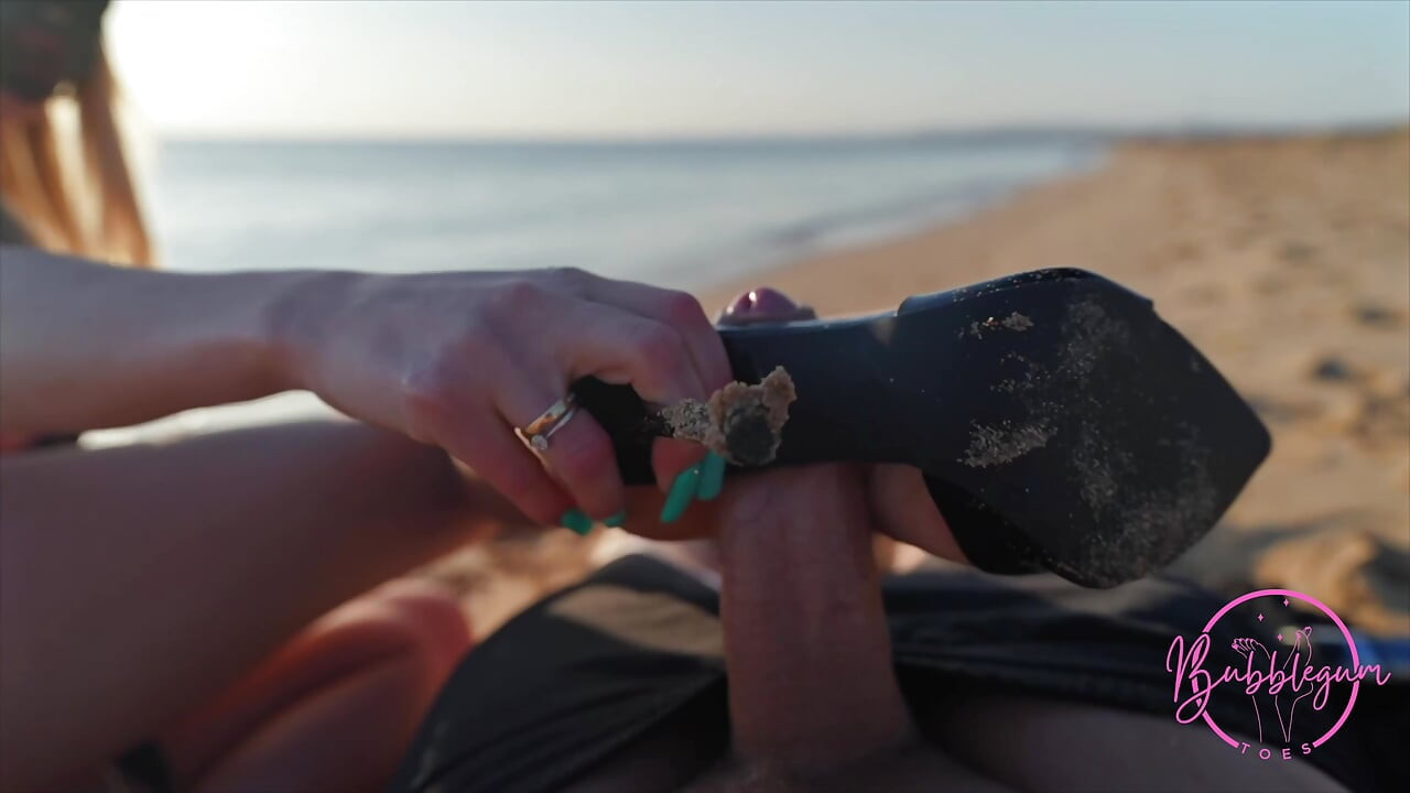 4K Risky Beach Heeljob & Shoejob From Blonde with Long Toenails & Cum on Feet