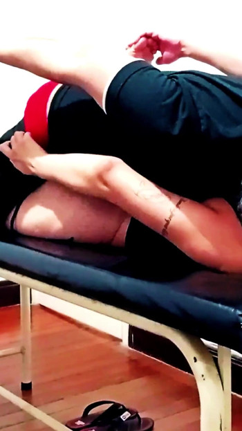 Key moment from "Waxing client gets horny and has sex with the waxer."