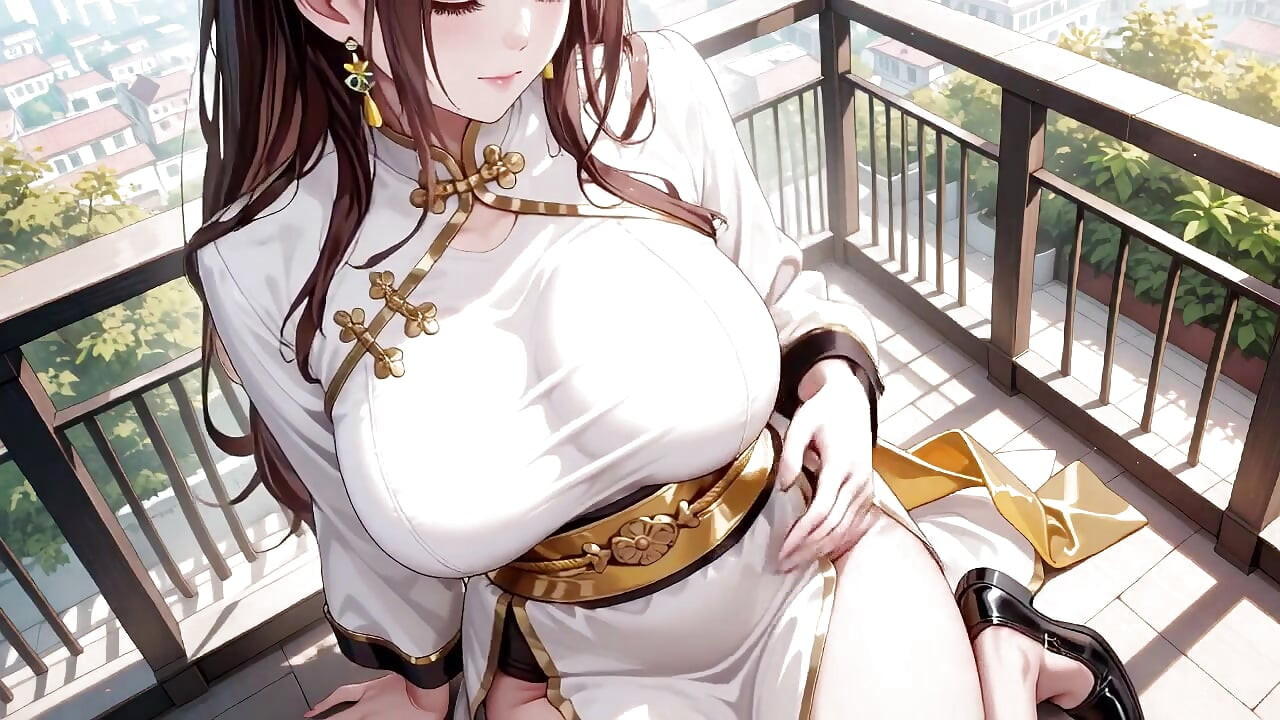 Quý cô Qipao da đen & vàng quỳ gối trong hành lang gỗ, chơi với mái tóc của cô ấy, ánh sáng mặt trời đánh vào da của cô ấy