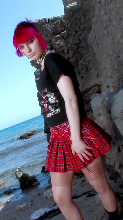Lola Punk: Great Teen Redhead Lola Punk Doing a Strip in the Rocks