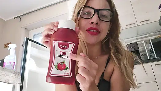 A hot blonde without tatoo likes cooking for you in lingerie and naked