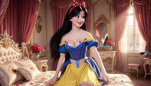 Страстная ночь Белоснежки в спальне зачарованного замка в классическом платье частично открыта для интенсивного удовольствия