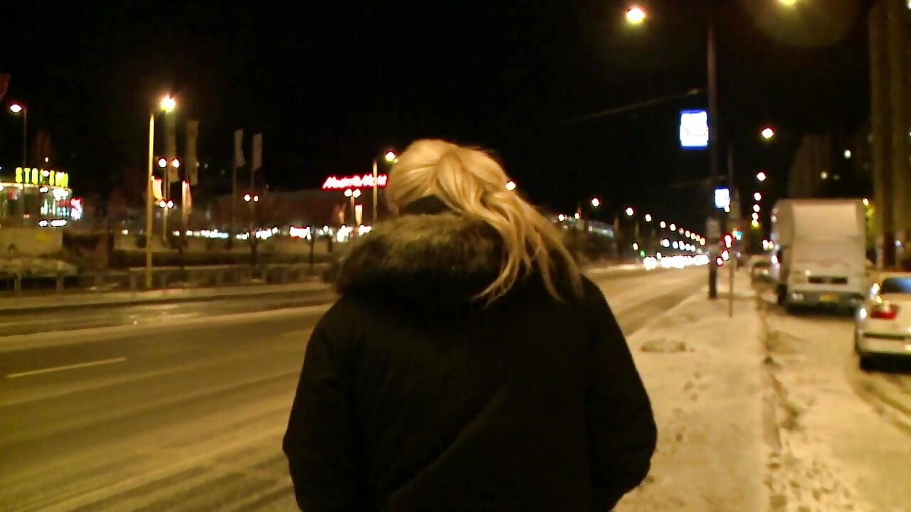 Sexy horny blonde sucks his cock outdoor in POV