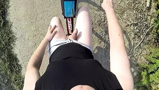 Naked and horny in public - POV cam - Riding nude in nature, shaved body, exhibitionist masturbate to cumshot