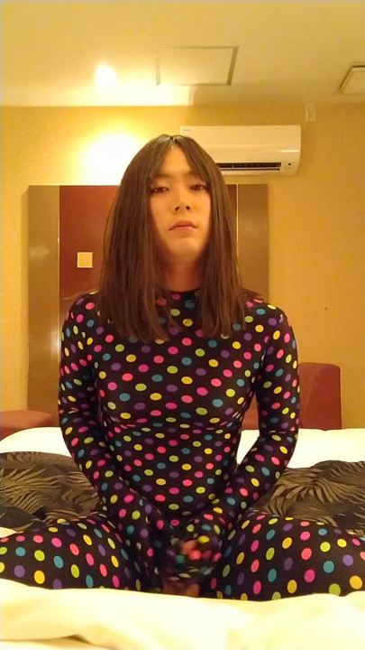 Japanese crossdresses masturbate wearing colorful morphsuit | Clip 1