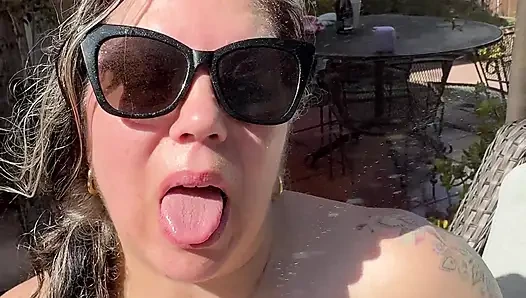 Hot Mom in bikini stripping and squirting in the backyard sun.