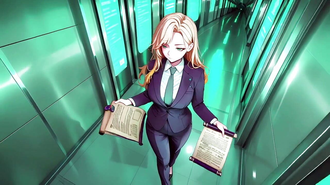 Une patronne blonde en costume violet ! Moments privés dans le train du bureau. Elle s’enfile plusieurs fichiers en ajustant sa jupe en secret...