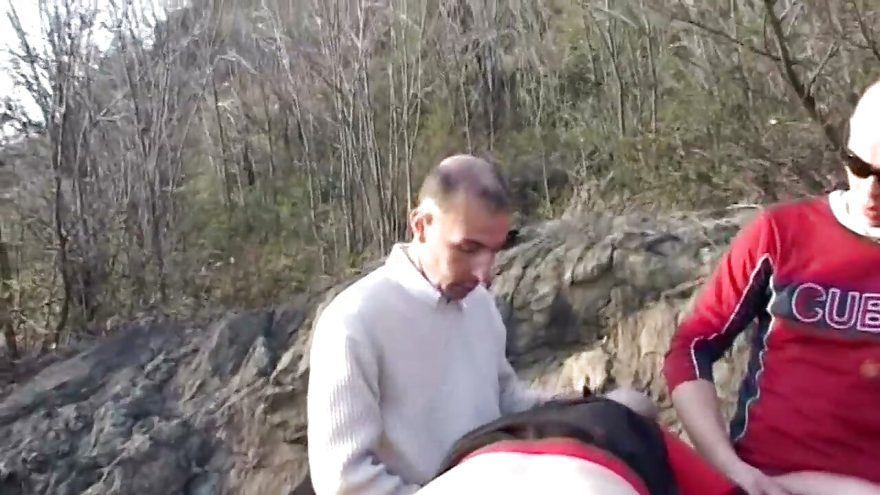 Big tits brunette banged in threesome outdoor