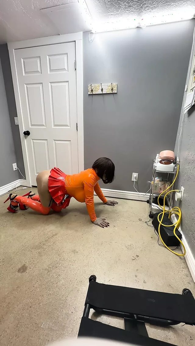 Hot Velma in her mini skirt riding her favorite dildos on her chair