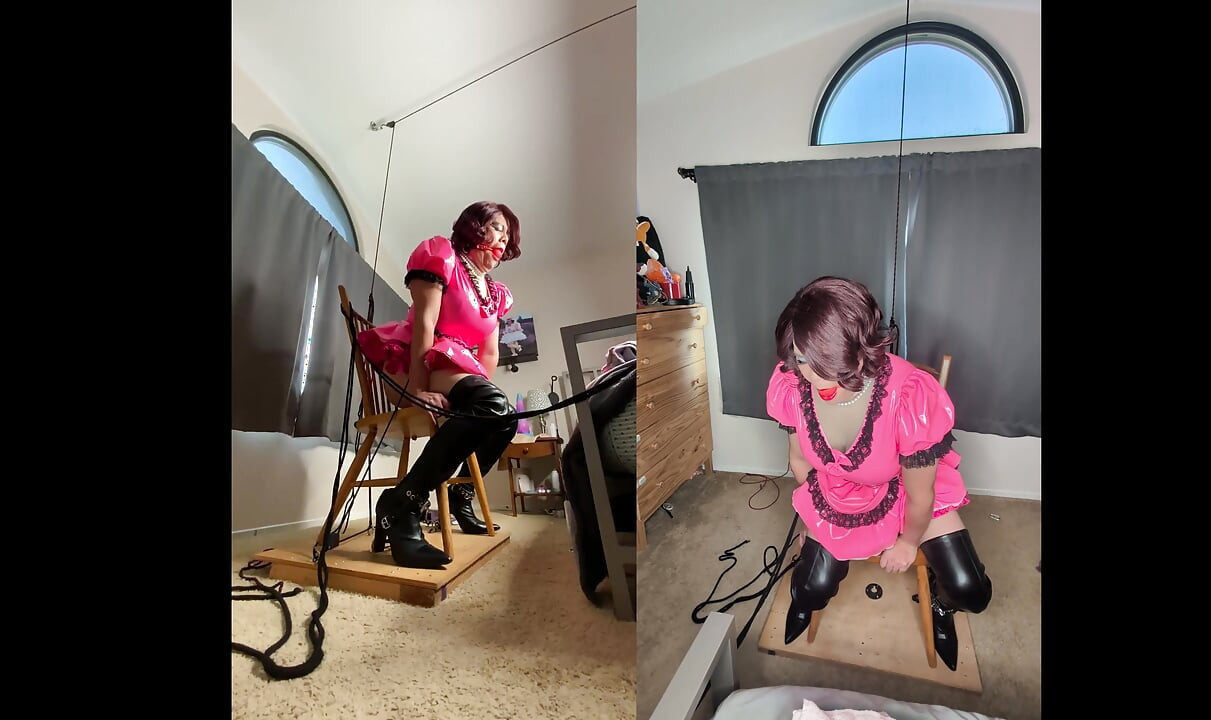 Sissy Candy in Self Bondage with Huge Dildos