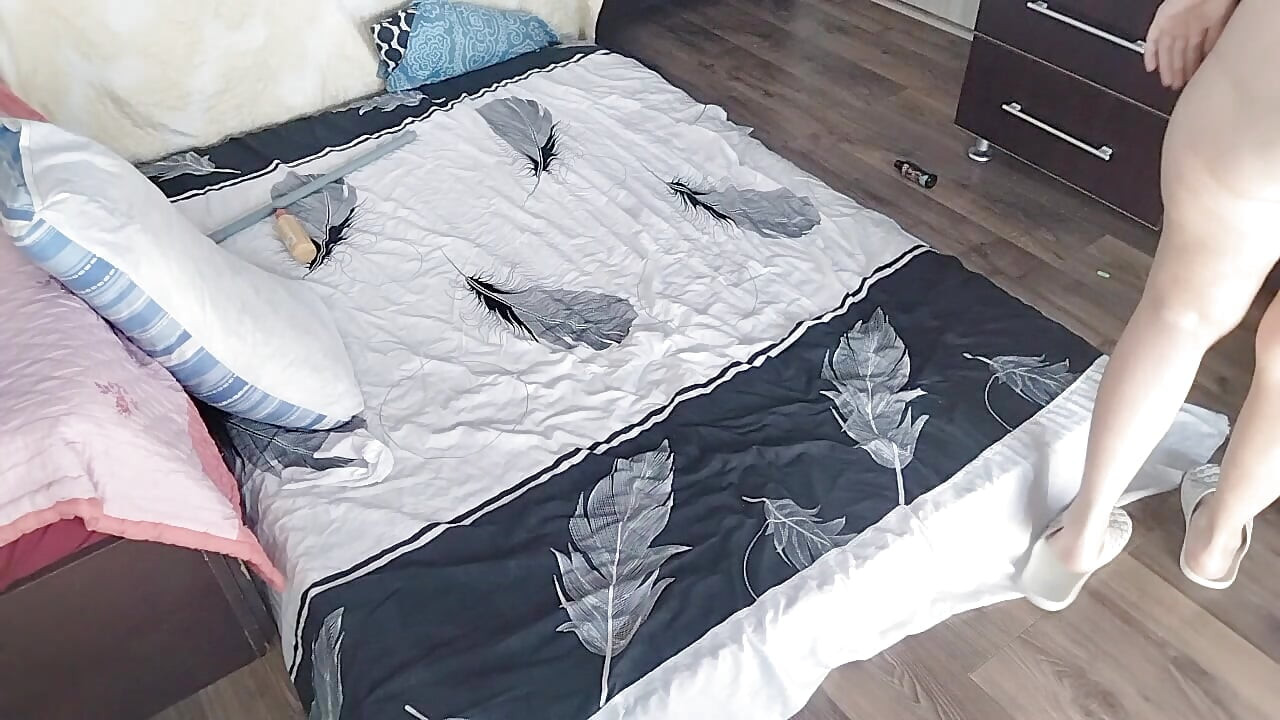 Sensual massage of a sexy couple with oil on the body. Foreplay in the bedroom with an amateur couple.