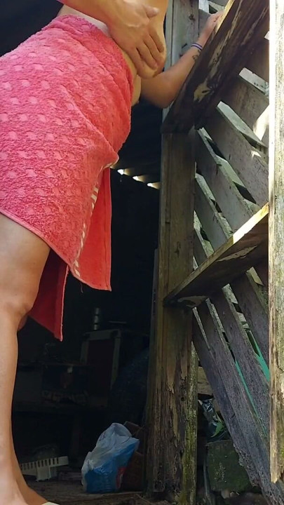 Shower doesn't work, married woman asks farm caretaker for help using just a towel and pays with sex | Clip 2