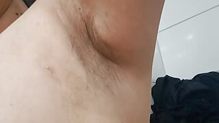 Wife has a lot of hair on her pussy, her armpits are growing hair and she shows her adorable tits