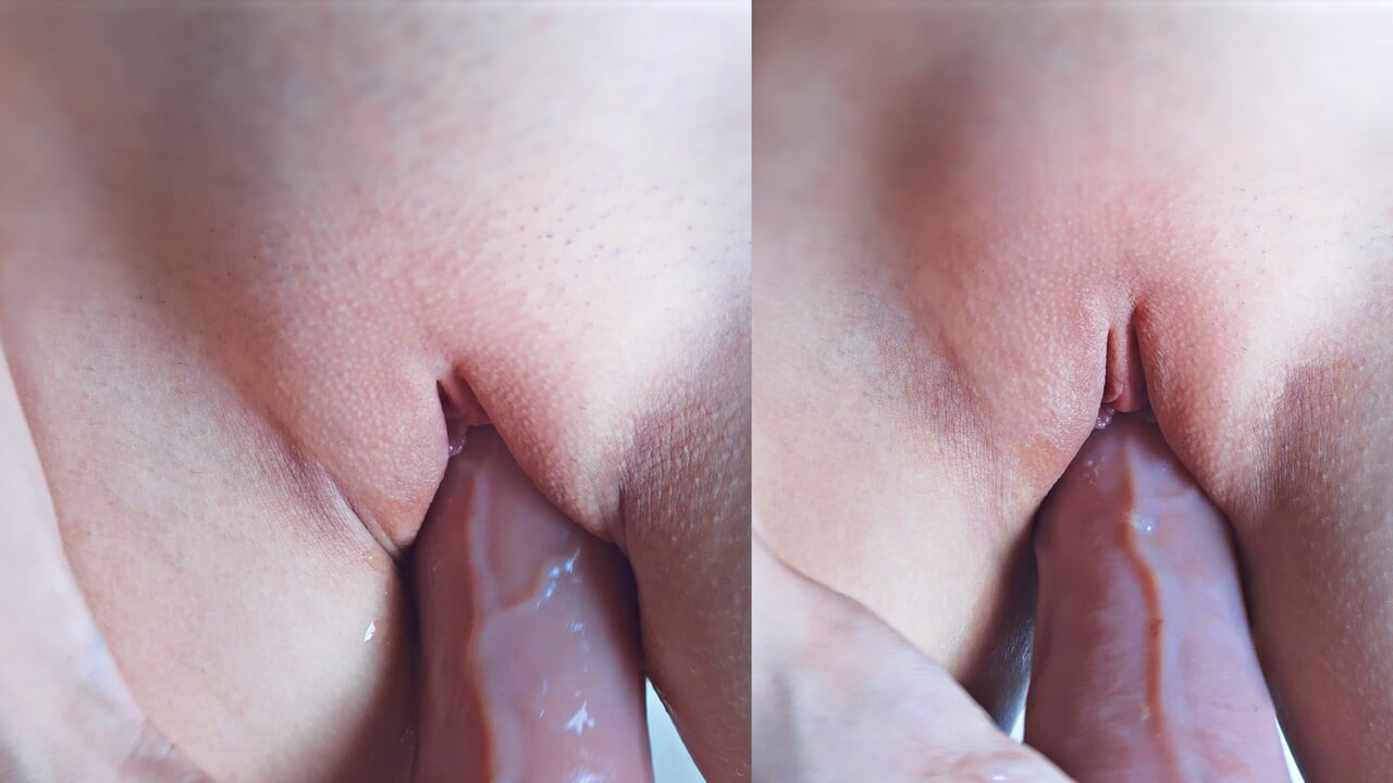 巨大なディルドでピンクの膣が大きく広がる - 濡れて激しいソロプレイ