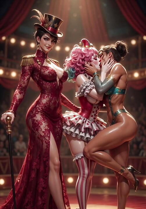 Anime circus strip ring leader clown and acrobat sexy circus show
