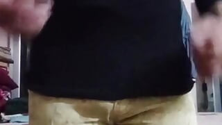 Indian Gay Crossdresser Gaurisissy Pressing and Playing with Her Big Boobs in Jeans T Shirt