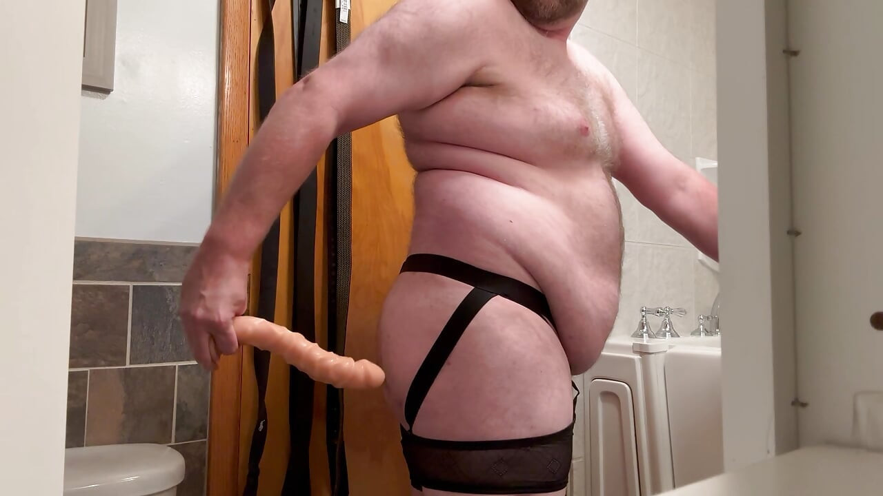 Fat and Hairy Chub takes 10 inch Dildo wearing Sexy Underwear