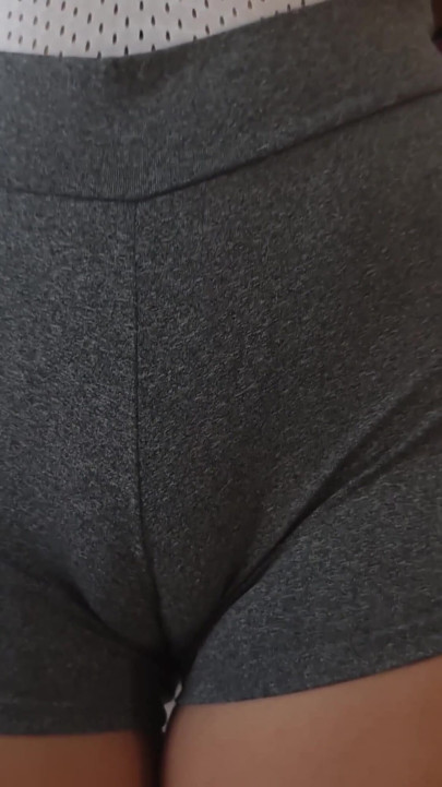 Big pussy girl playing with her package wearing panties and shorts | Clip 2
