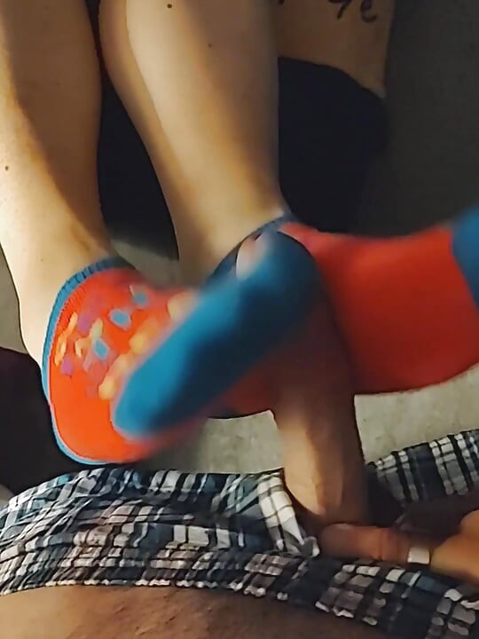 Hot Little Footjob - Pink & Blue Ankle Socks Sockjob - Cum On Socks