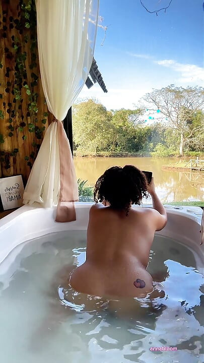 Naked Farting in Bathtub While Reading Chubby Girl Nature View Relax