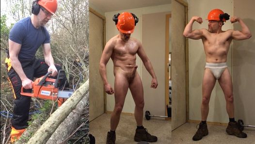 Muscular Lumberjack Cuts Trees then strips, oils up and cums