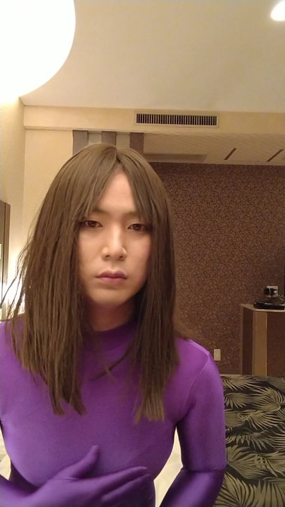 Japanese crossdresses Masturbate wearing purple Morphsuit | Clip 1