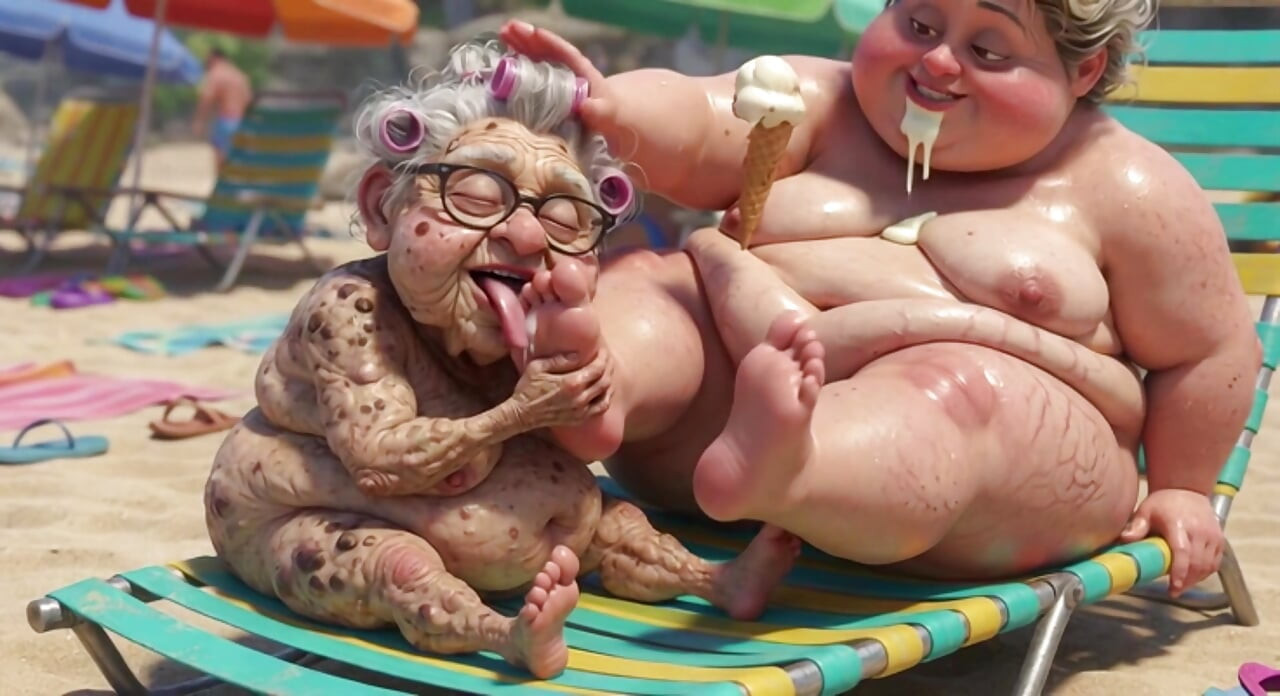 Abuela mayor chupando apasionadamente pies de grandota en la playa