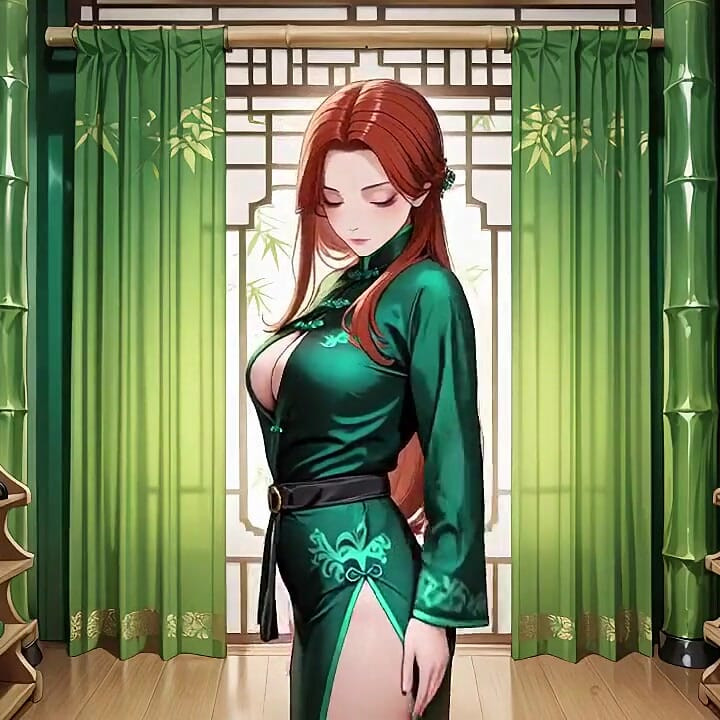 Red Hair & Emerald Qipao! Lazy Seduction in the Eastern Courtyard