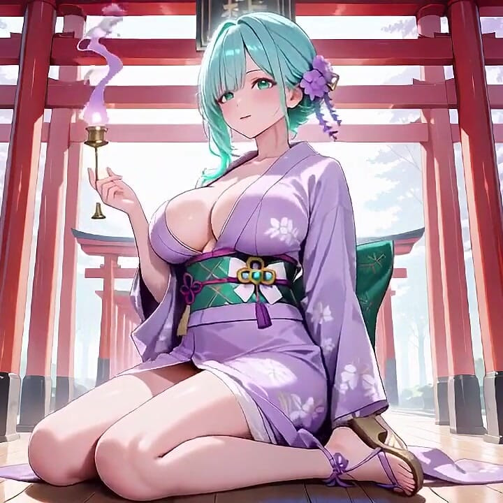 Green-haired Kimono Girl's Private Morning! Purple Yukata Slightly Damp, Kneeling on the Bed in a Japanese Room