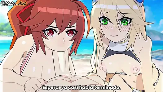 Kızlar plajda üçlü seks yapıyor ve büyük sikişiyor (Blazblue) (alt español)