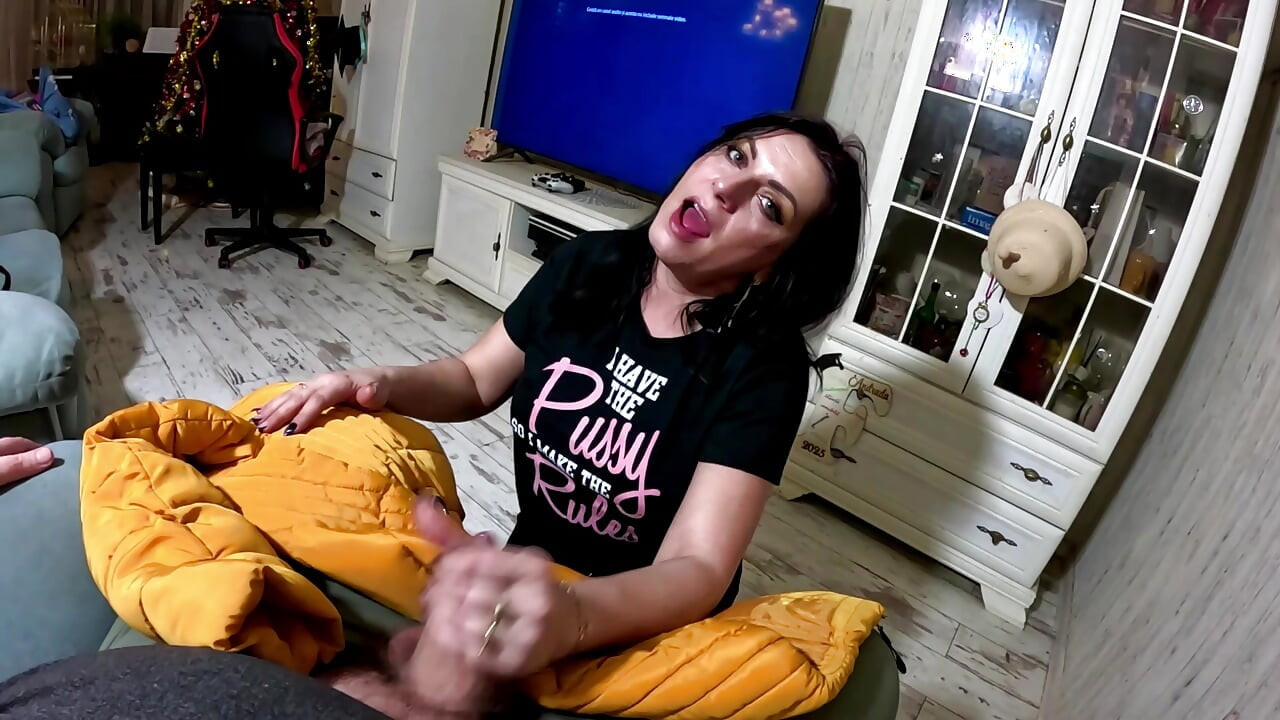 Shiny Yellow Downjacket BJ - Pussy Rules Shirt and Double Cum on My Clothes