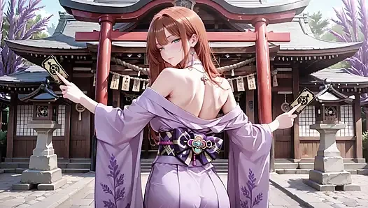 Red-haired Kimono Goddess! Kneeling Under the Sacred Torii Gate, She Adjusts Her Soaked Backless Outfit with a Shy Gaze.