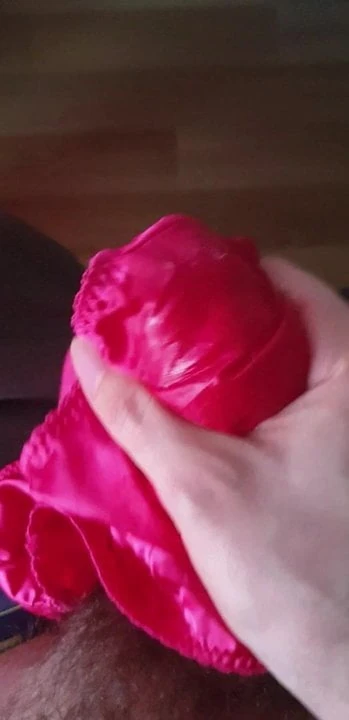 Lubed up and stroking my cock with my wife's satin panties