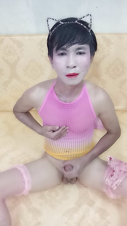 Transgender Oanh Le wears sexy clothes masturbating and ejaculates all over her body