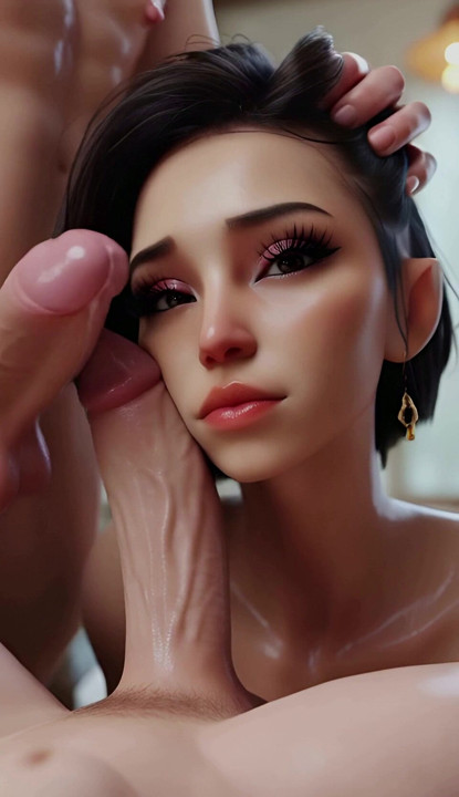 Schwarzes animiertes mädchen mit kurzen haaren, 3d, gibt blowjob mit zwei schwänzen.