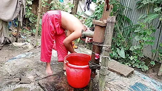 Refreshing Outdoor Bath in an Open Field