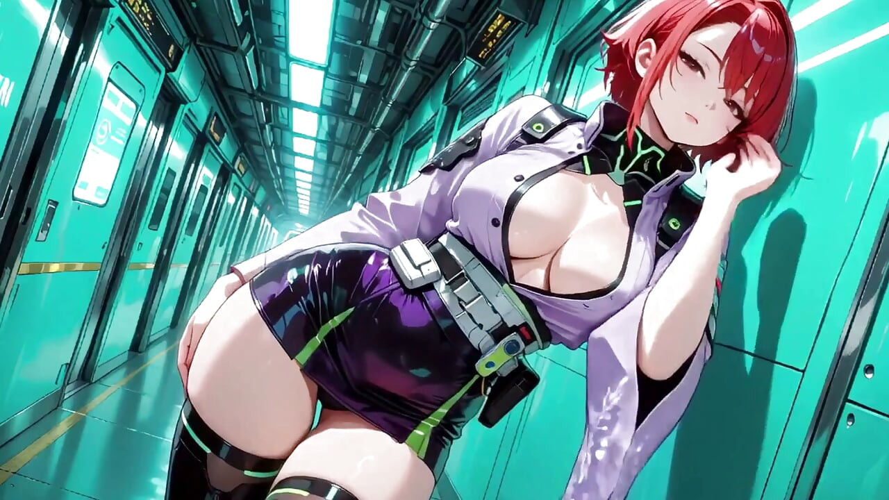 Ai-purple Kimono Seduction in the Neon Train Car, Fingertips Touching Collar, a Gaze That Drenches You!