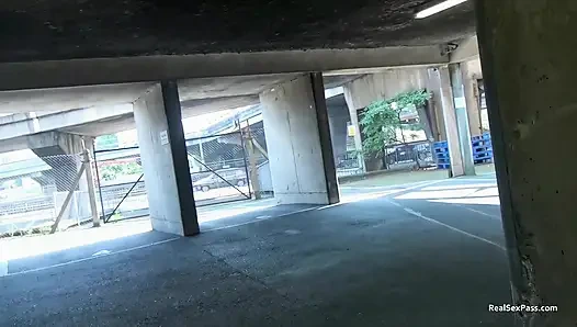 Short and thick brunette outdoor pising and public flashing