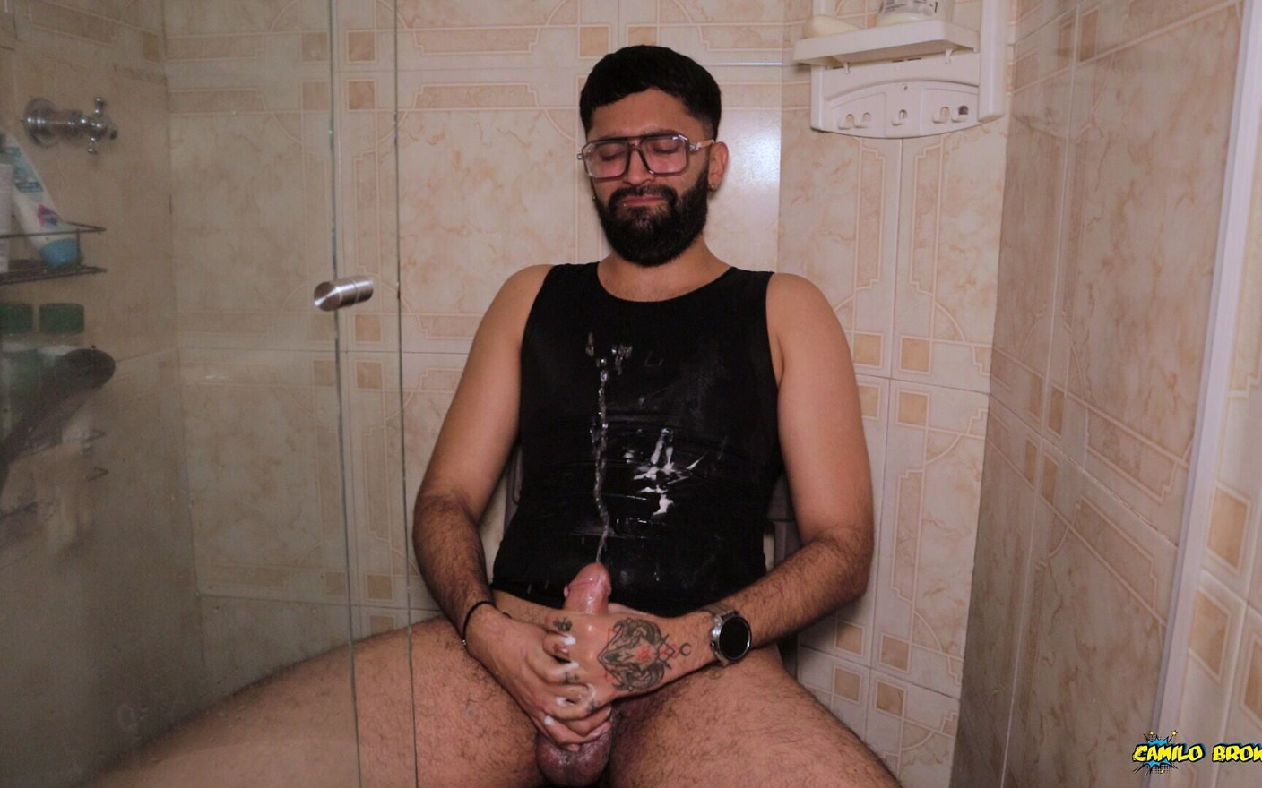 Camilo Brown Intensely Edging His Big Cock Shooting His Cum Multiple Times and Squirting on His Black Shirt