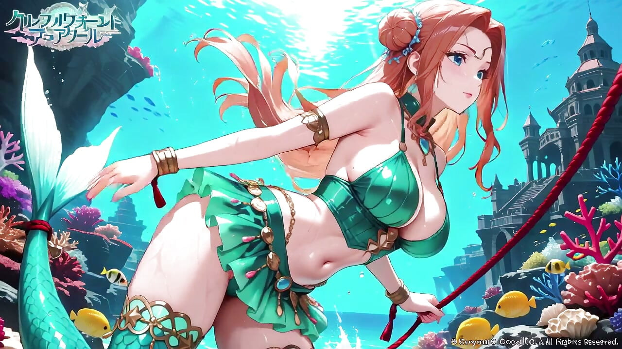 Red-haired Mermaid Princess's Private Tour in the Underwater Palace, Green Bikini hugging her curves, Heeled Boots on soft sand,