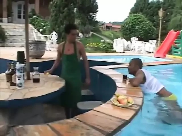 Black Fellow Jhonatan Kawa Swimming in the Pool Decided to Drink Soft Drink and Have a Quick Word with Cute Barkeeper