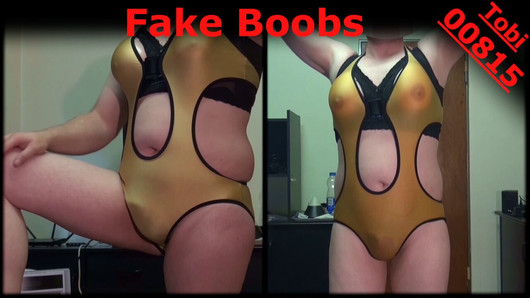 Fake boobs, posing in golden swimsuit, shaved body