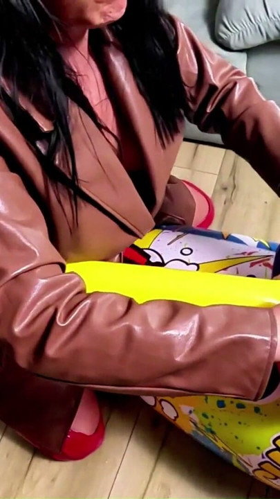 Dominant Leather MILF with Giant Inflatable Hammer. Doggy, Cum Play and Popping | Clip 2