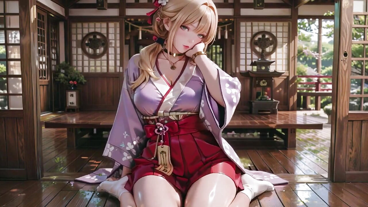 Blonde Goddess in the Japanese Corridor, Lazy Gazes, Hand on Hips, Sunlight Drenching Her Skin