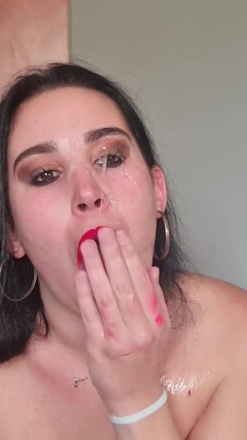 Thrilling moment from "Deepthroat small tits slut spit play, gagging on dildo and hand"